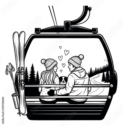 Hand drawn line art illustration of a couple and a dog in a ski gondola depicting a romantic winter moment for travel and vacation concepts