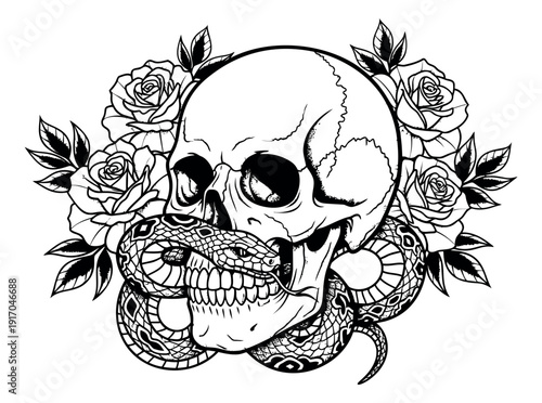 Hand drawn line art illustration of a skull with a snake and roses depicting a gothic composition for tattoo art