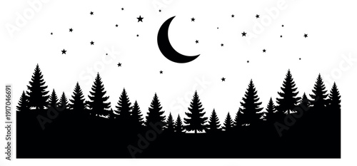 Silhouette illustration of a pine forest and night sky depicting a tranquil nocturnal scene with stars and a crescent moon for outdoor or nature designs