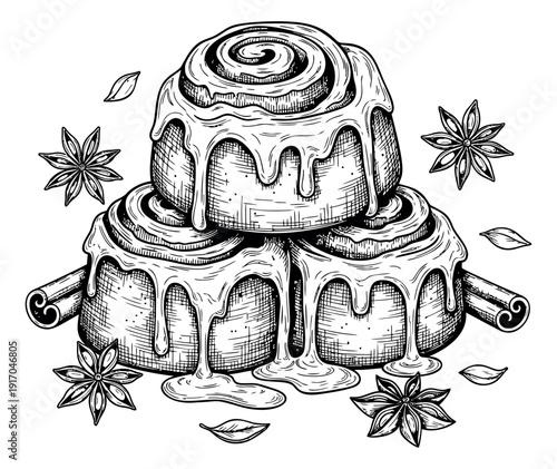 Hand drawn line art dessert set featuring cinnamon rolls with icing, star anise, and cinnamon sticks for festive occasions