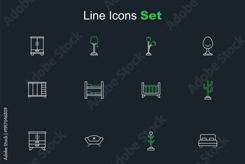 Set line Big bed, Coat stand, Sofa, Chest drawers, Baby crib cradle, Bunk and Wardrobe icon. Vector