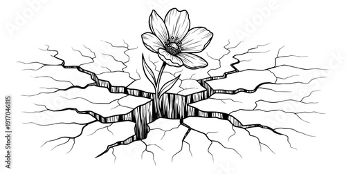 Hand drawn line art illustration of a flower depicting growth through cracked ground for resilience concept