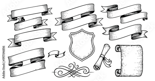 Hand drawn line art design elements set featuring vintage ribbons, scrolls, a shield, and flourish for labels, awards, and decorative design