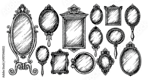 Hand drawn mirror set featuring ornate vintage frames for elegant decoration