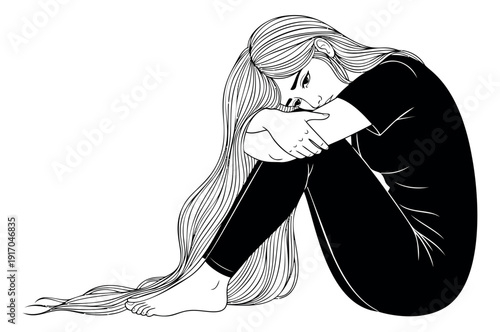 Hand drawn line art illustration of a woman depicting sadness and vulnerability for mental health awareness
