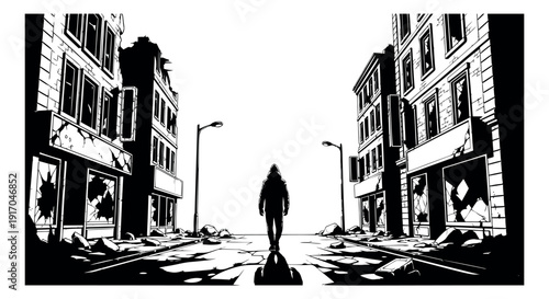 Monochrome line art illustration of a lone hooded figure depicting a walk through a devastated city street for post-apocalyptic storytelling
