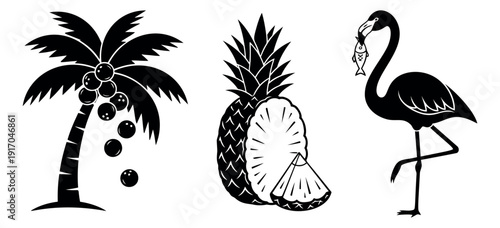 Tropical silhouette icon set featuring a coconut palm tree, pineapple, and flamingo for vacation and summer designs