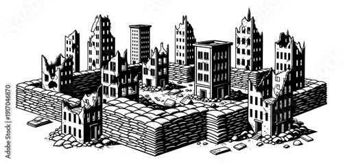 Hand drawn line art illustration of a besieged city depicting ruined buildings and sandbag defenses for concepts of war and conflict