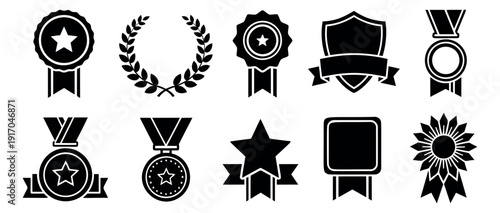 Modern flat award symbols set featuring various medals, badges, and laurels for celebrating success and achievement
