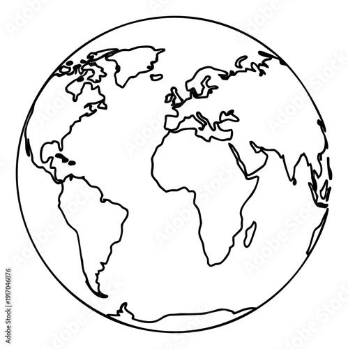 Hand drawn line art illustration of a globe depicting world continents for geography concepts