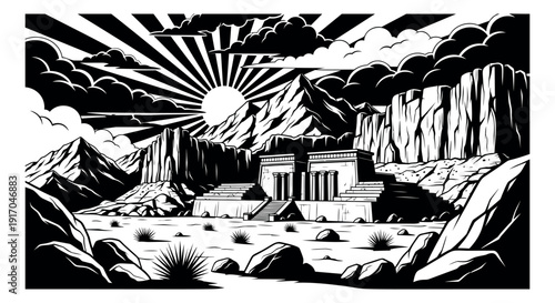 Black and white line art illustration of an ancient desert temple depicting a dramatic sunrise over mountains for historical or fantasy themes