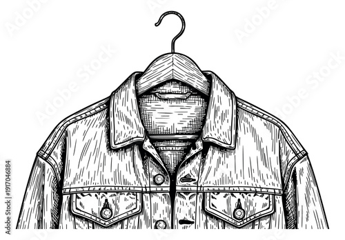 Hand drawn line art illustration of a denim jacket on a hanger for fashion and apparel