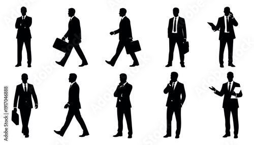 Modern businessman silhouette set featuring men in suits walking, standing, and interacting for corporate concepts