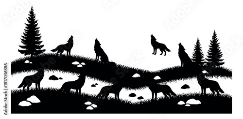 Silhouette wilderness scene set featuring howling wolves, pine trees, and hilly terrain for nature themed designs