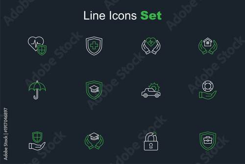 Set line Briefcase with shield, Broken or cracked lock, Education grant, Shield in hand, Lifebuoy, Car insurance, Graduation cap and Umbrella icon. Vector