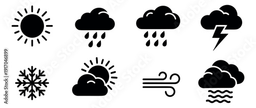 Glyph weather icon set featuring sun, clouds, rain, thunder, snow, and wind symbols for web and app design
