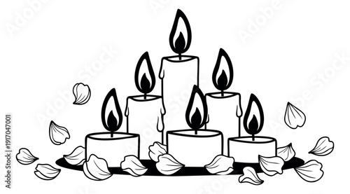 Hand drawn line art candle set featuring lit flames and scattered petals for peaceful ambiance