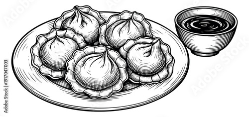 Hand drawn line art dumplings set featuring traditional Asian food served on a plate with dipping sauce for Asian restaurant menu design