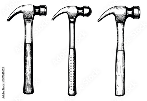 Hand drawn line art hammer set featuring different claw hammers for construction and repair projects