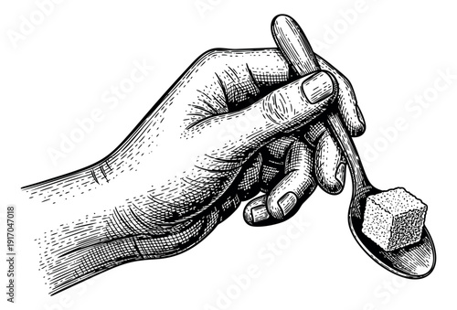 Hand drawn line art illustration of a hand depicting a sugar cube on a spoon for sweetening drinks