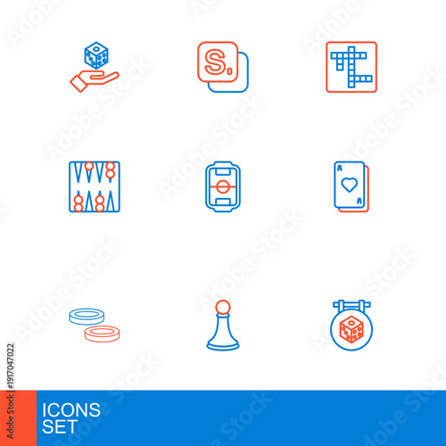 Set line Game dice, Chess pawn, Checker game chips, Playing cards, Backgammon board, Table football, Crossword and Bingo icon. Vector