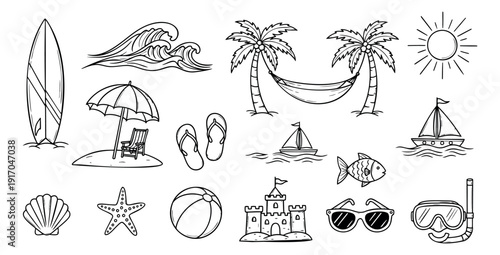 Hand drawn line art summer beach icon set featuring surfboard, palm trees, and vacation elements for tropical holiday designs