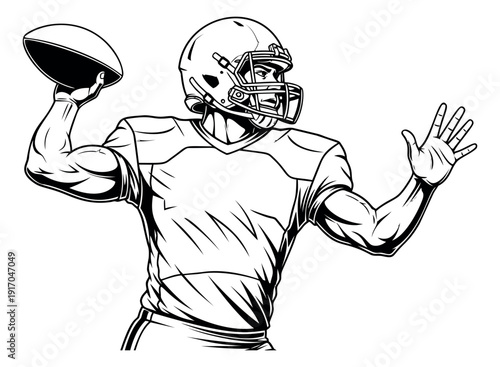 Line art illustration of an American football player depicting throwing a football for sports competition
