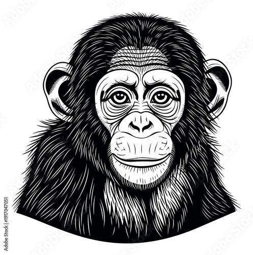 Hand drawn line art illustration of a chimpanzee depicting an intelligent and calm expression for wildlife designs