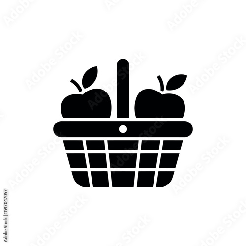 A black and white icon of a shopping basket with apples