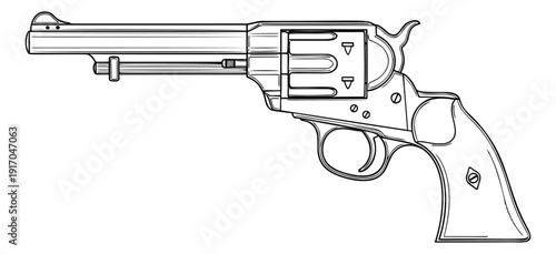 Line art illustration of a revolver depicting a classic single action pistol for historical designs