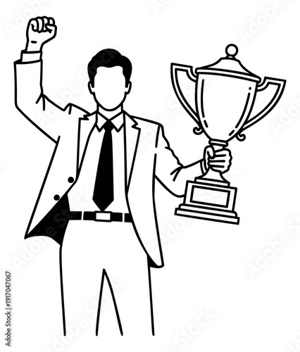 Line art illustration of a triumphant businessman depicting victory with a trophy for achievement in business