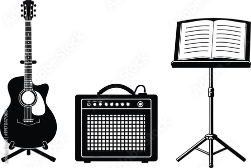 Musical instruments and accessories setup with  acoustic guitar on a stand, a guitar amplifier, and a music stand.