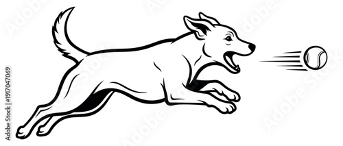 Line art illustration of a dog depicting chasing a tennis ball for pet play