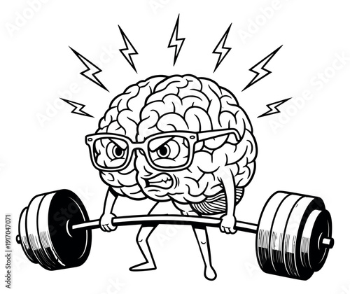 Hand drawn line art illustration of a brain character with glasses depicting intense weightlifting for mental strength and cognitive training
