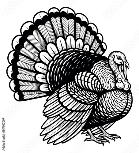 Hand drawn line art illustration of a turkey depicting its full plumage for thanksgiving holiday design