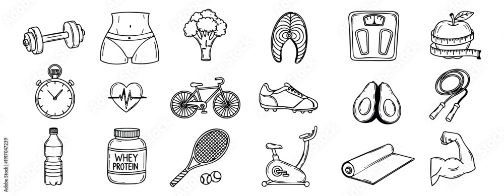 Naklejka premium Hand drawn line art health and fitness icons set featuring exercise equipment, healthy food, and wellness symbols for an active lifestyle