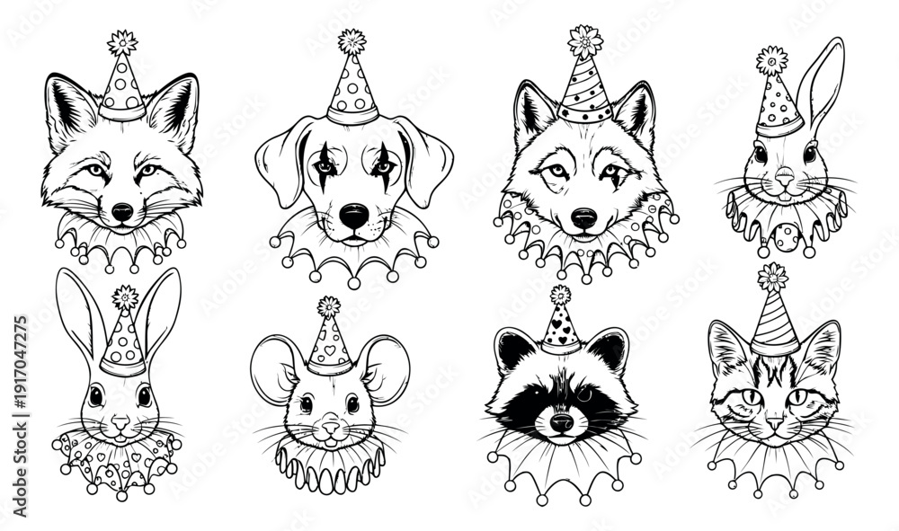 Obraz premium Hand drawn line art funny animal portraits set featuring various animals in party hats and clown ruffles for celebration designs