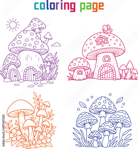 Whimsical Mushroom Houses and Forest Flowers A Charming Fantasy Coloring Page for Kids and Adults  DIY Crafts, Activity Books, and Printable Art