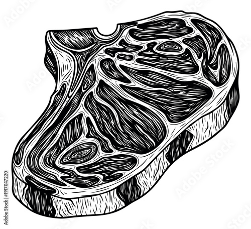 Hand drawn line art illustration of a beef steak depicting its raw marbled texture for culinary designs