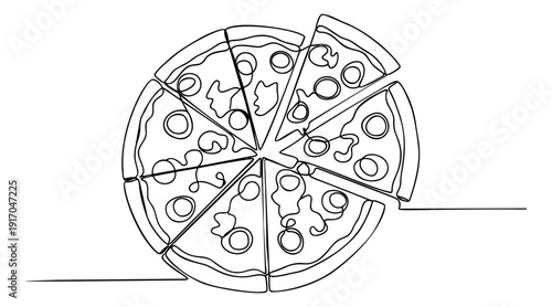 Continuous line art illustration of a pizza divided into slices for food service design