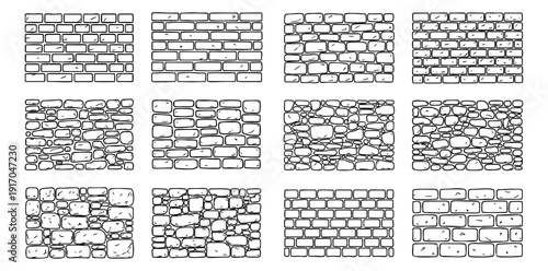 Hand drawn line art brick and stone wall patterns set featuring various masonry textures for design projects