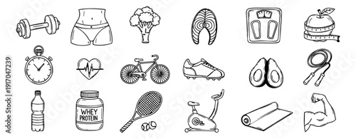 Hand drawn line art health and fitness icons set featuring exercise equipment, healthy food, and wellness symbols for an active lifestyle