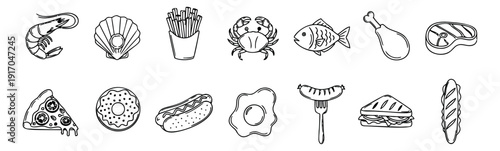 Hand drawn line art food icons set featuring various meals, snacks, and seafood for restaurant menus or culinary designs