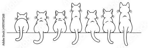 Hand drawn line art cat set featuring seven sitting felines from behind for animal and pet themed designs