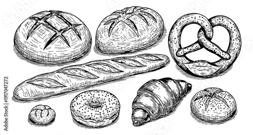 Hand drawn line art bakery set featuring bread loaves, a baguette, croissant, pretzel, and donut for food packaging