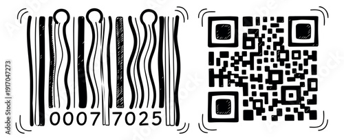 Hand drawn line art codes set featuring a barcode and a QR code for scanning and identification