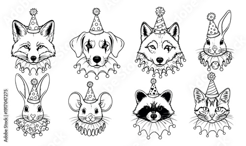 Hand drawn line art funny animal portraits set featuring various animals in party hats and clown ruffles for celebration designs
