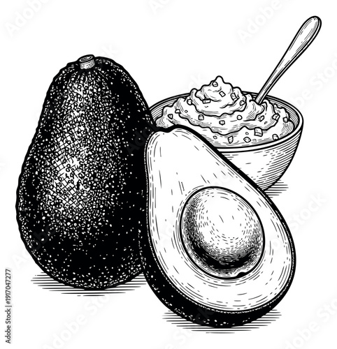 Hand drawn line art avocado and guacamole set featuring a whole fruit, a halved fruit, and a bowl of dip with a spoon for food design