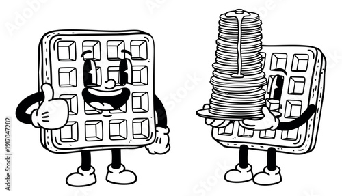 Hand drawn line art cartoon waffle set featuring cheerful characters with a thumbs up and pancakes for breakfast concepts