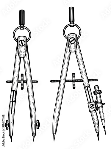 Hand drawn line art drafting compasses set featuring two different styles for engineering and geometry